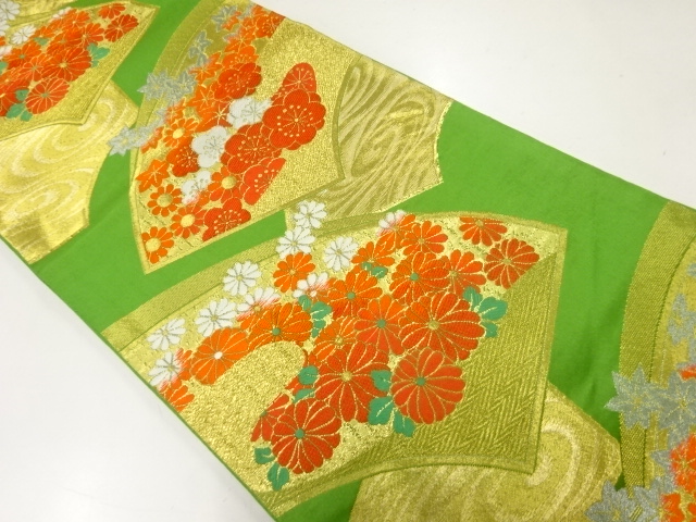 JAPANESE KIMONO / ANTIQUE FUKURO OBI / WOVEN KIKU & UME
